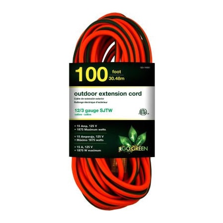 Gogreen SJTW Extension Cord, 12 AWG, Outdoor, 12/3, 1 Outlets, Green/Orange, 100 ft GG-14000